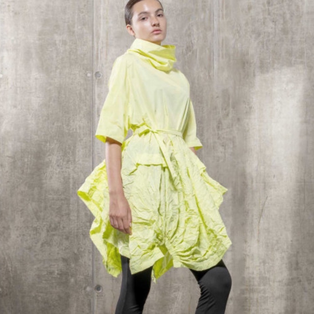 XD Xenia Design Yellow Cowl Neck Avant Garde Bubble Hem Dress NWT Size L
